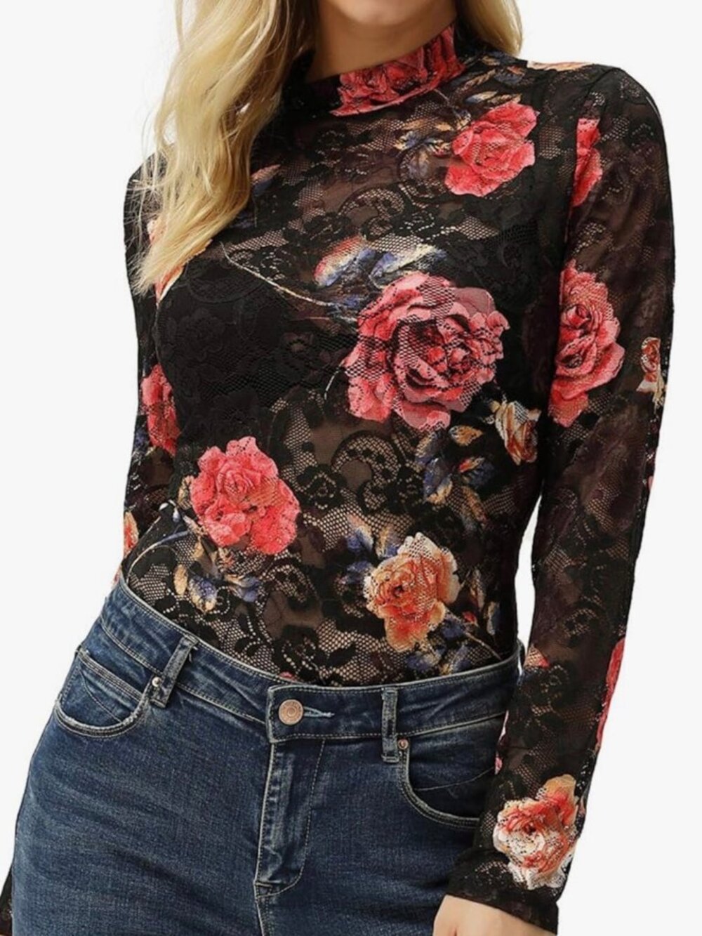 NWT Grace Karin Lace Black Floral Long Sleeve Top | Size XL